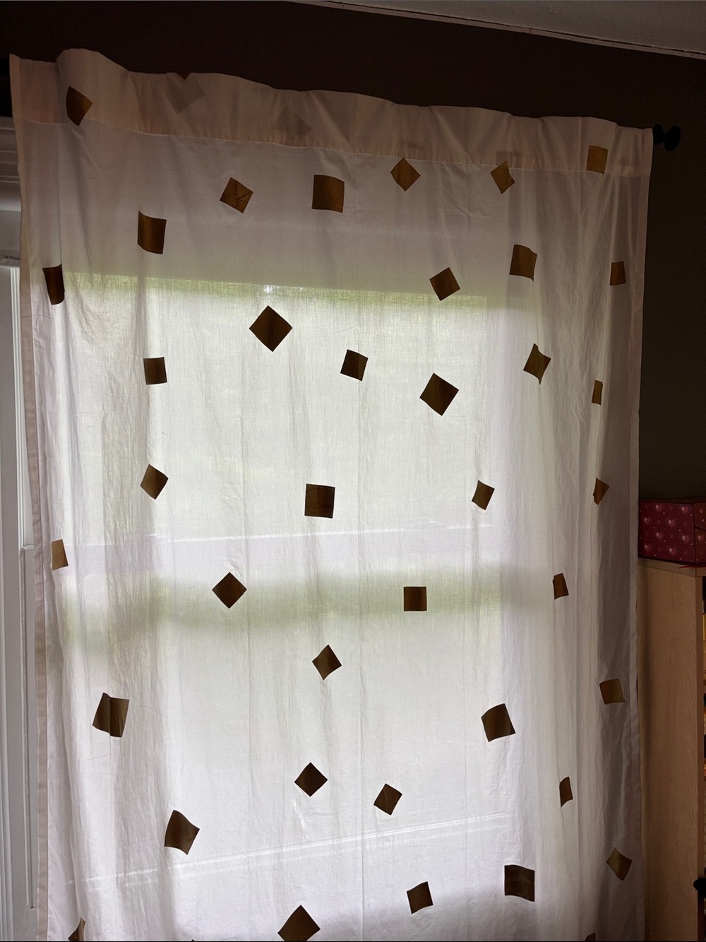 The Land of Nod White Sheer Curtain Panel with Gold Square Accents